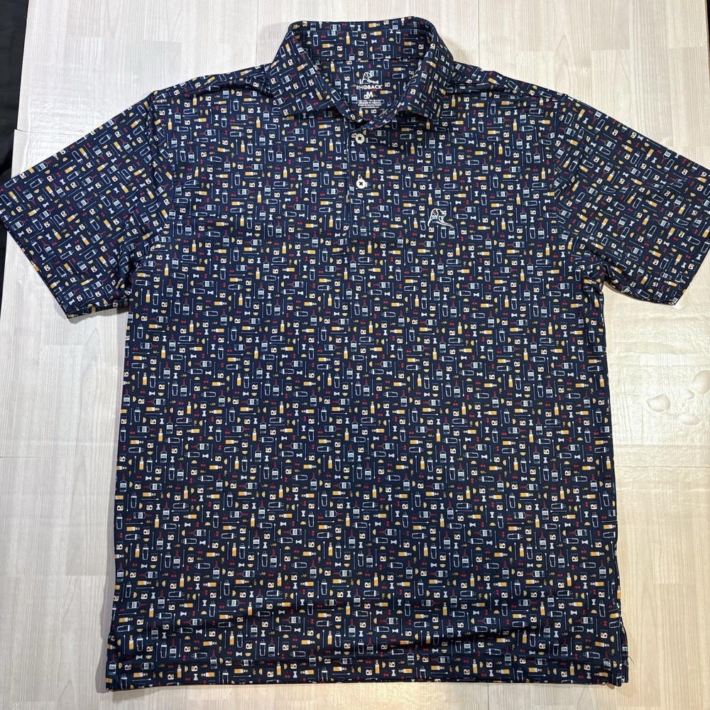 Rhoback The Old Fashioned Performance Golf Shirt Mens Medium Admiral Navy AOP